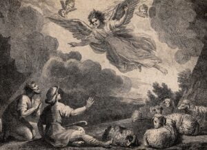 V0034627 An angel announces the birth of Christ to two shepherds. Etc