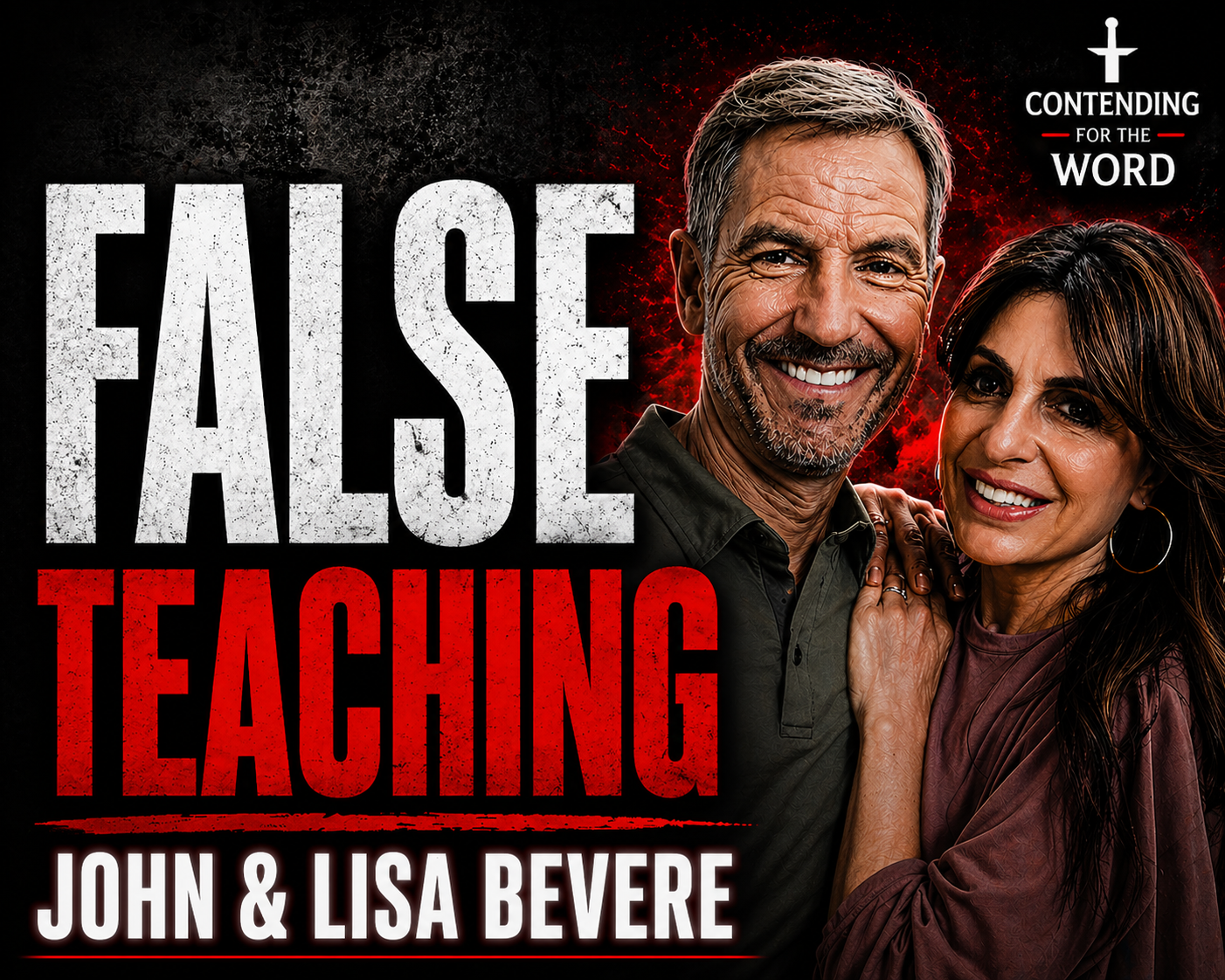 YouTube thumbnail featuring John and Lisa Bevere with bold text “False Teaching” and Contending for the Word branding