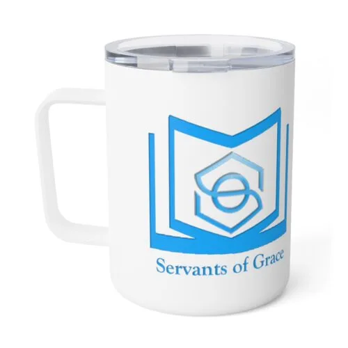 Servants of Grace - 2 Timothy 1:9 - White, Blue Insulated Coffee Mug, 10oz