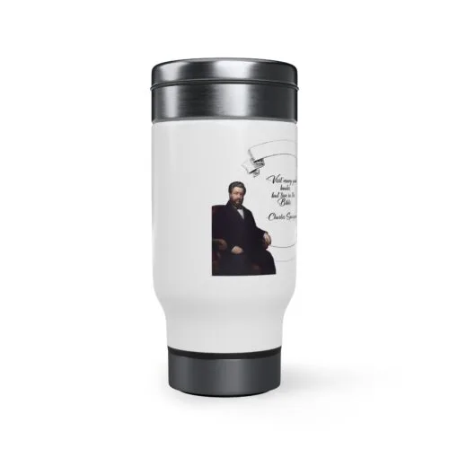 Spurgeon - Visit Many Good Books - White Stainless Steel Travel Mug with Handle, 14oz