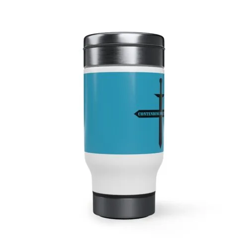 Contending for the Word - Turquoise Stainless Steel Travel Mug with Handle, 14oz