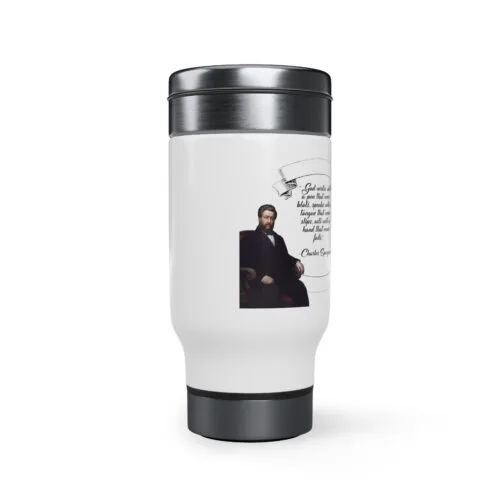 Spurgeon - God Writes with a Pen that Never Blots - White Stainless Steel Travel Mug with Handle, 14oz
