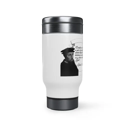 Calvin - Scripture is Like a Pair of Spectacles - White Stainless Steel Travel Mug with Handle, 14oz