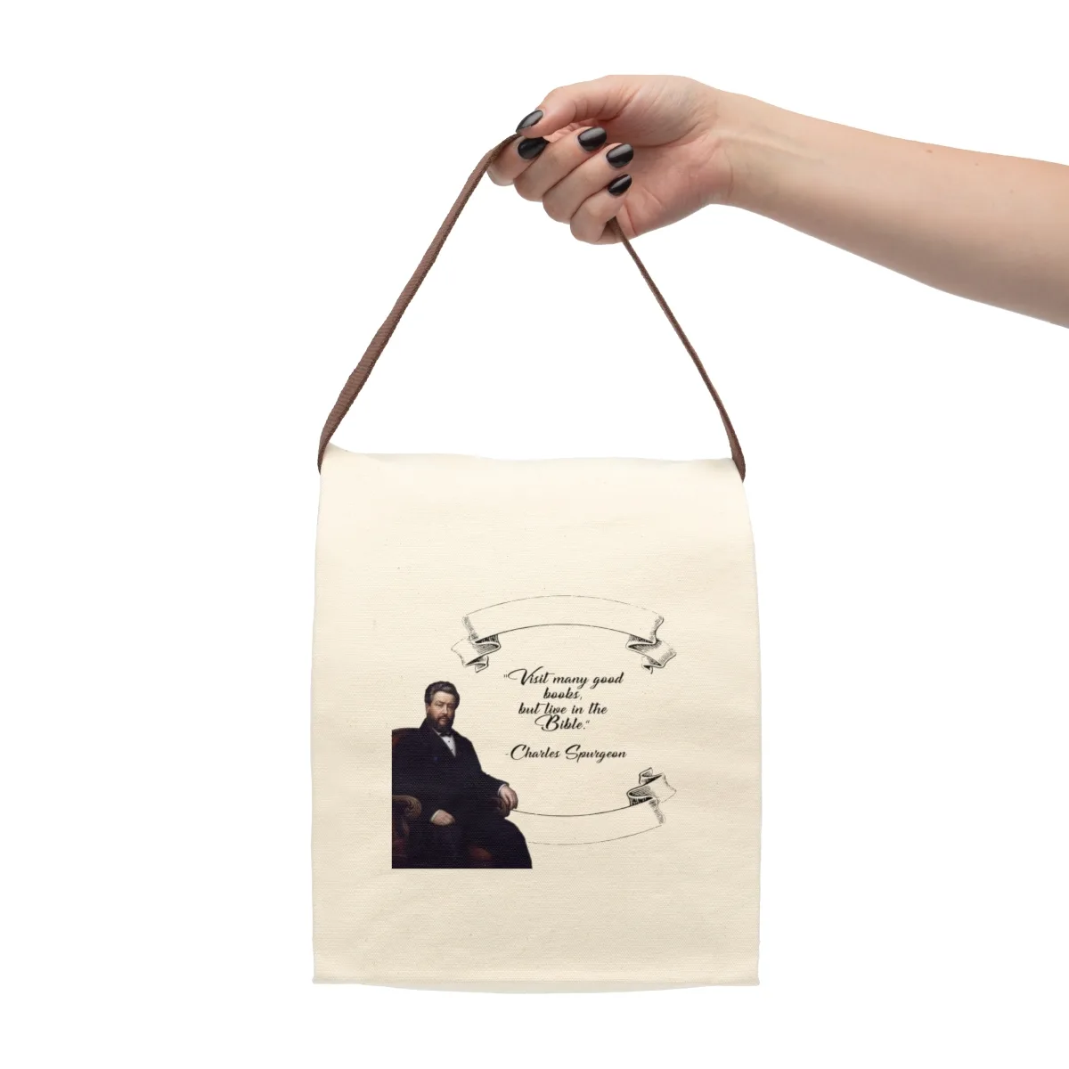 Spurgeon - Visit Many Good Books - Canvas Lunch Bag With Strap - Image 4