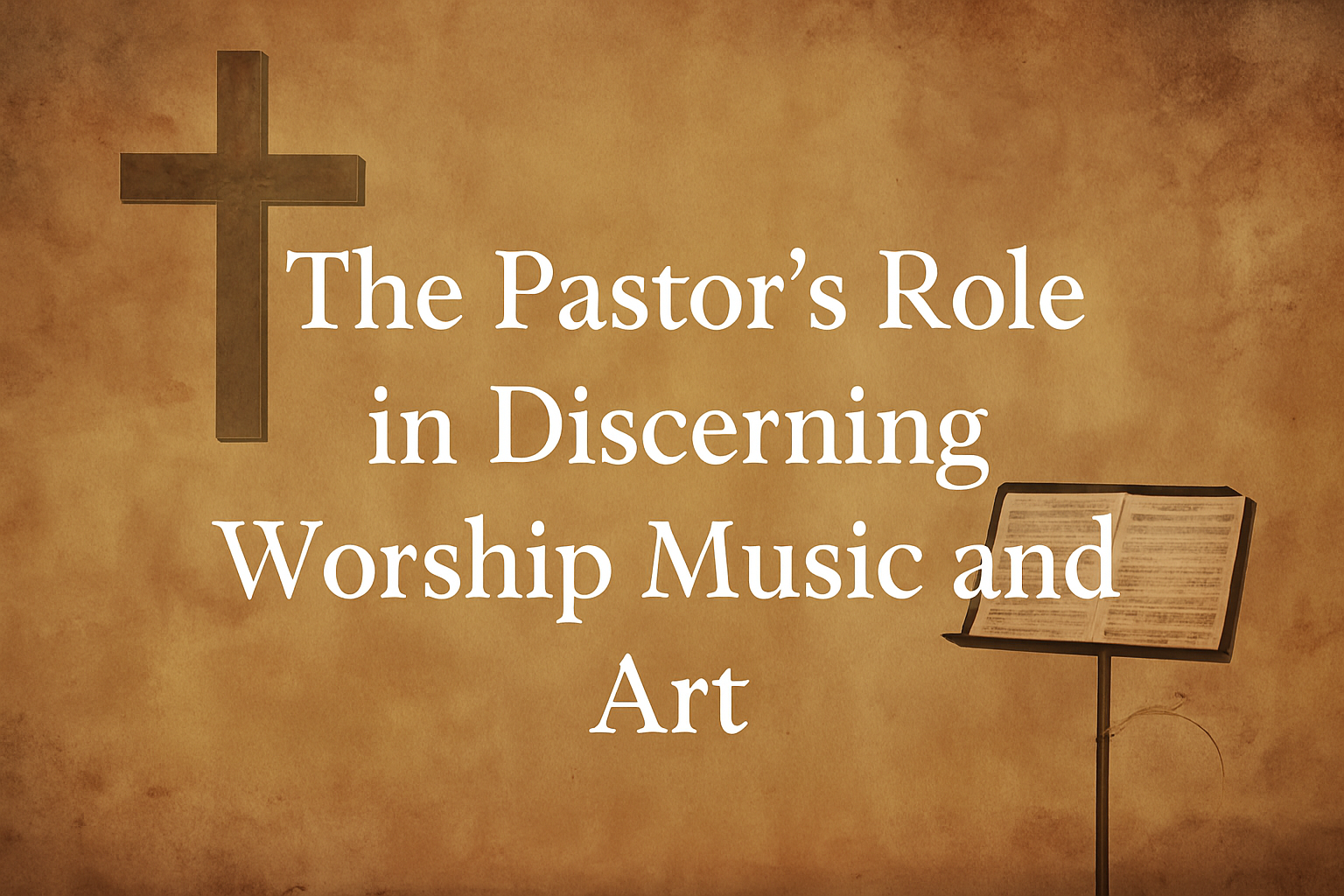 The Pastor’s Role in Discerning Worship Music and Art - Title slide featuring a cross and music stand with sheet music.