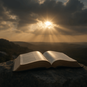 Open Bible resting on a rock with golden sunlight breaking through clouds, symbolizing the unshakable truth of God’s Word.