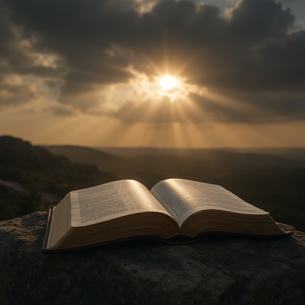 Open Bible resting on a rock with golden sunlight breaking through clouds, symbolizing the unshakable truth of God’s Word.