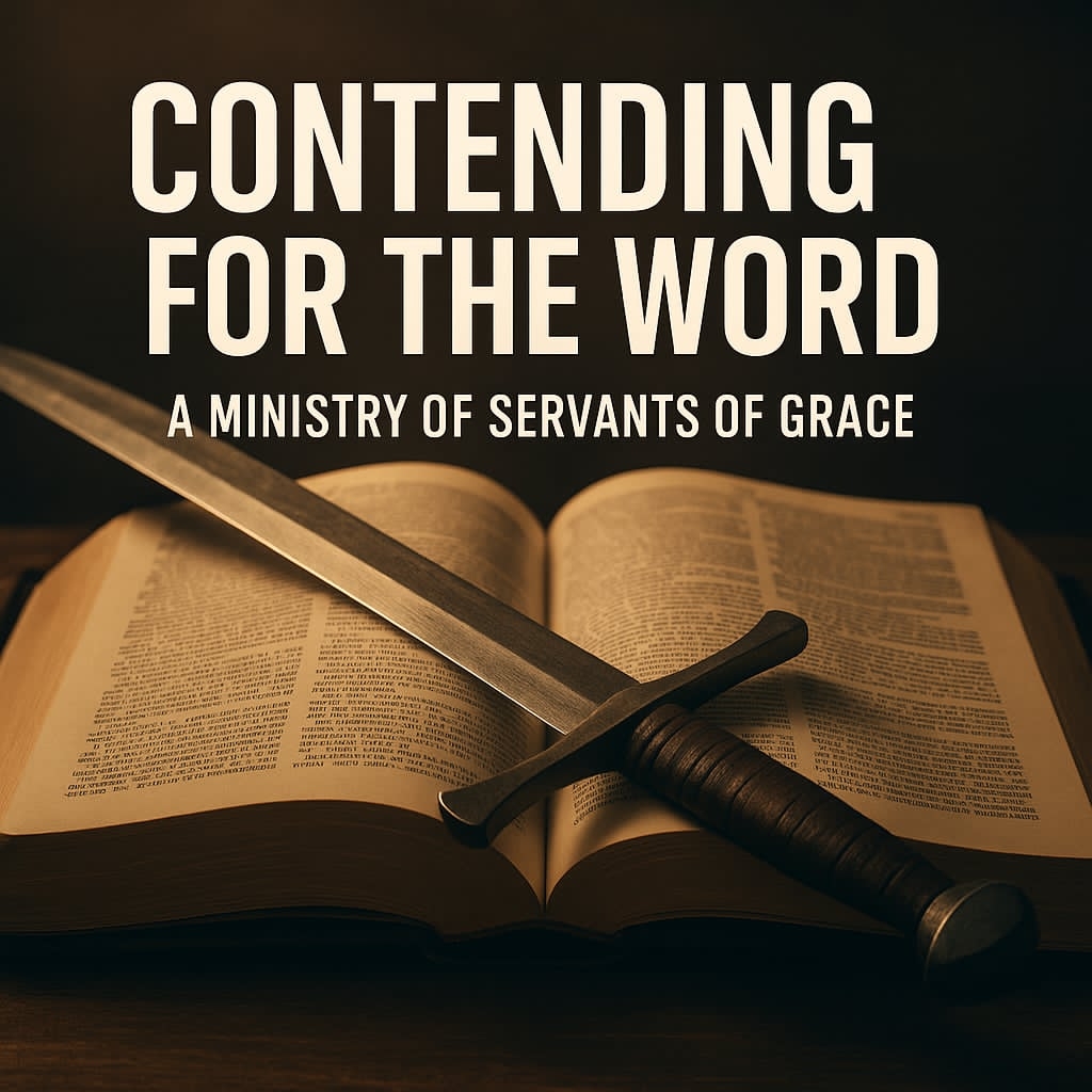 Contending for the Word podcast graphic with open Bible and bold title text over warm lighting