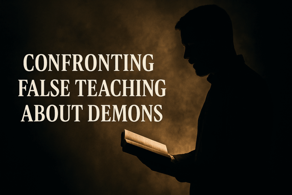 Silhouette of a man holding an open Bible in light, confronting darkness, with bold text reading ‘Confronting False Teaching About Demons’.
