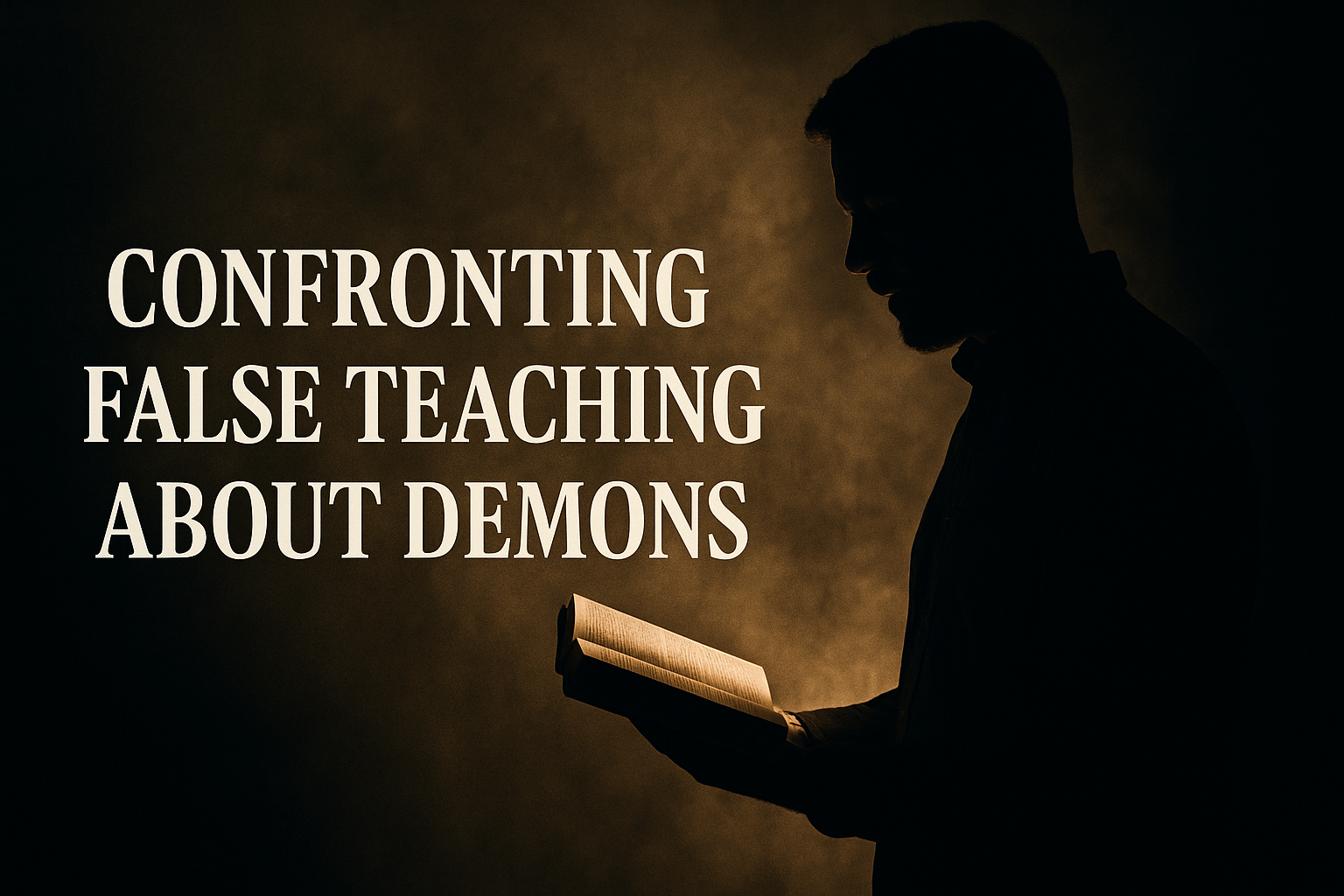 Silhouette of a man holding an open Bible in light, confronting darkness, with bold text reading ‘Confronting False Teaching About Demons’.