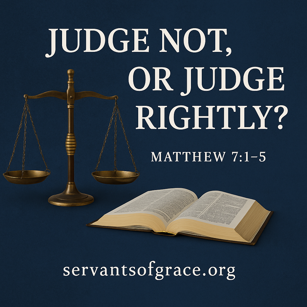 Graphic featuring brass scales of justice and an open Bible with the text “Judge Not, or Judge Rightly? Matthew 7:1–5” and the URL servantsofgrace.org.