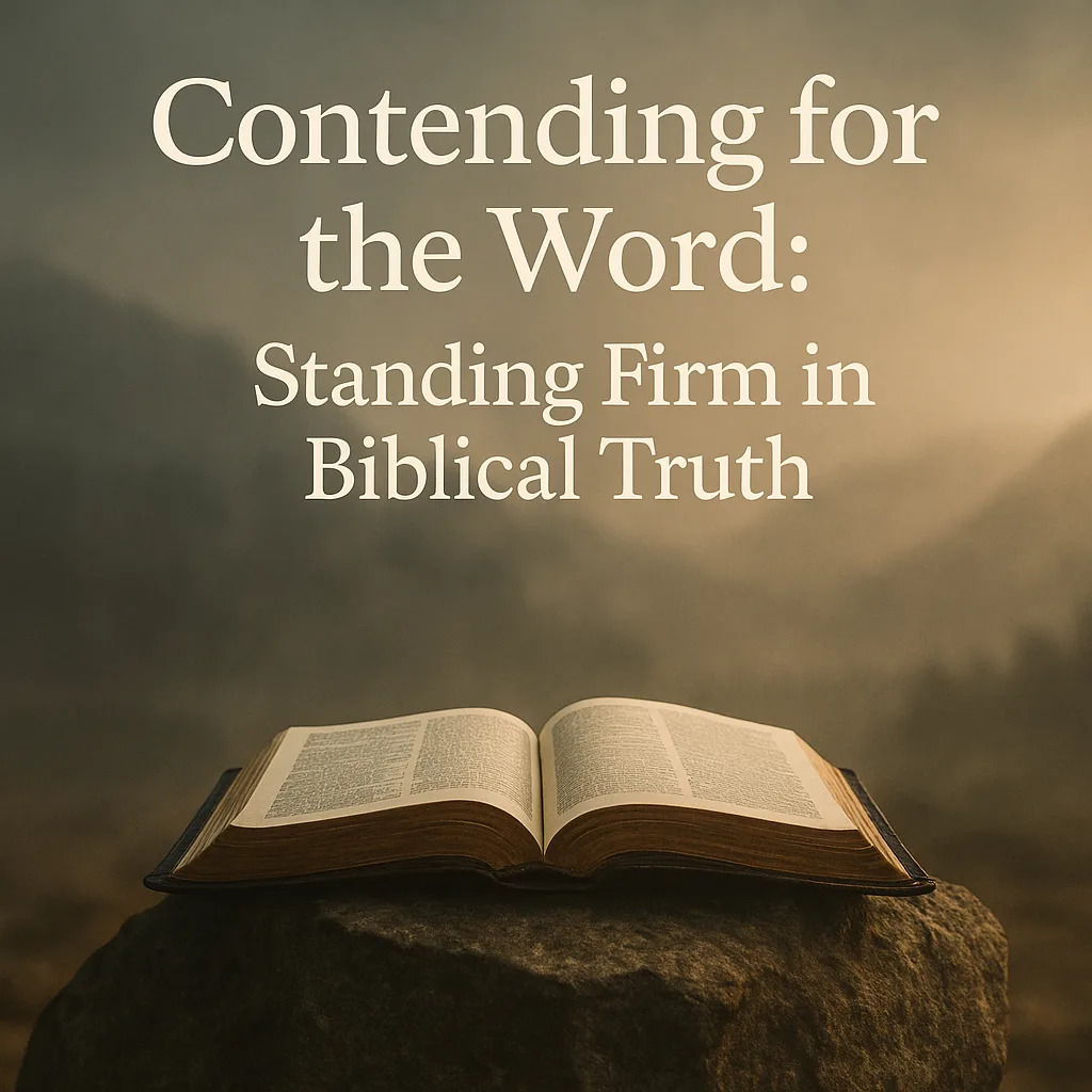 Open Bible resting on a rock in a misty landscape, symbolizing biblical truth and steadfastness with the title 'Contending for the Word: Standing Firm in Biblical Truth' overlaid.