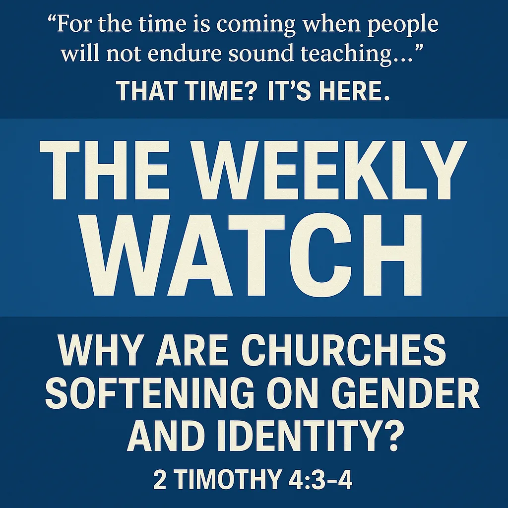 The Weekly Watch” title graphic featuring the question “Why Are Churches Softening on Gender and Identity?” with 2 Timothy 4:3–4 quoted above in bold text on a blue background.