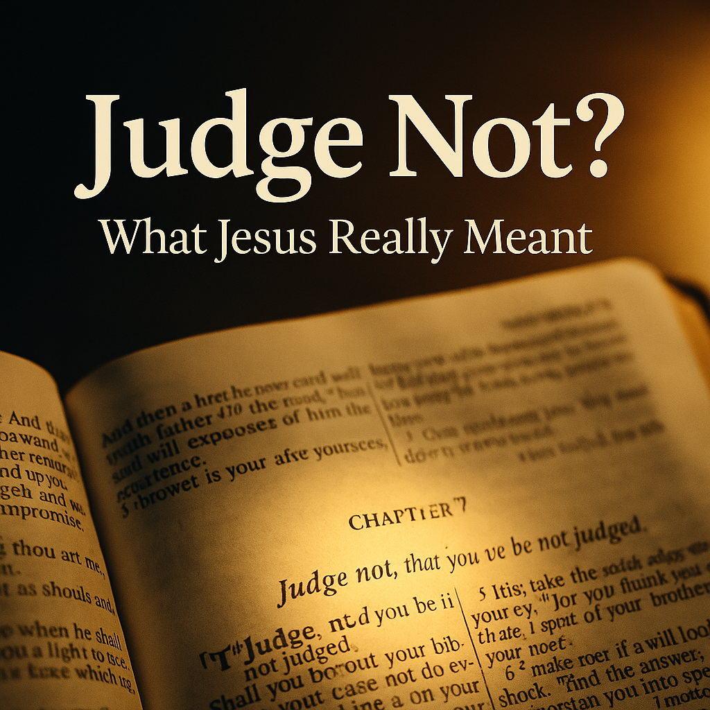 An open Bible with Matthew 7:1 highlighted under warm golden light. The verse “Judge not, that you be not judged” is in focus. Overlaid text reads: “Judge Not? What Jesus Really Meant