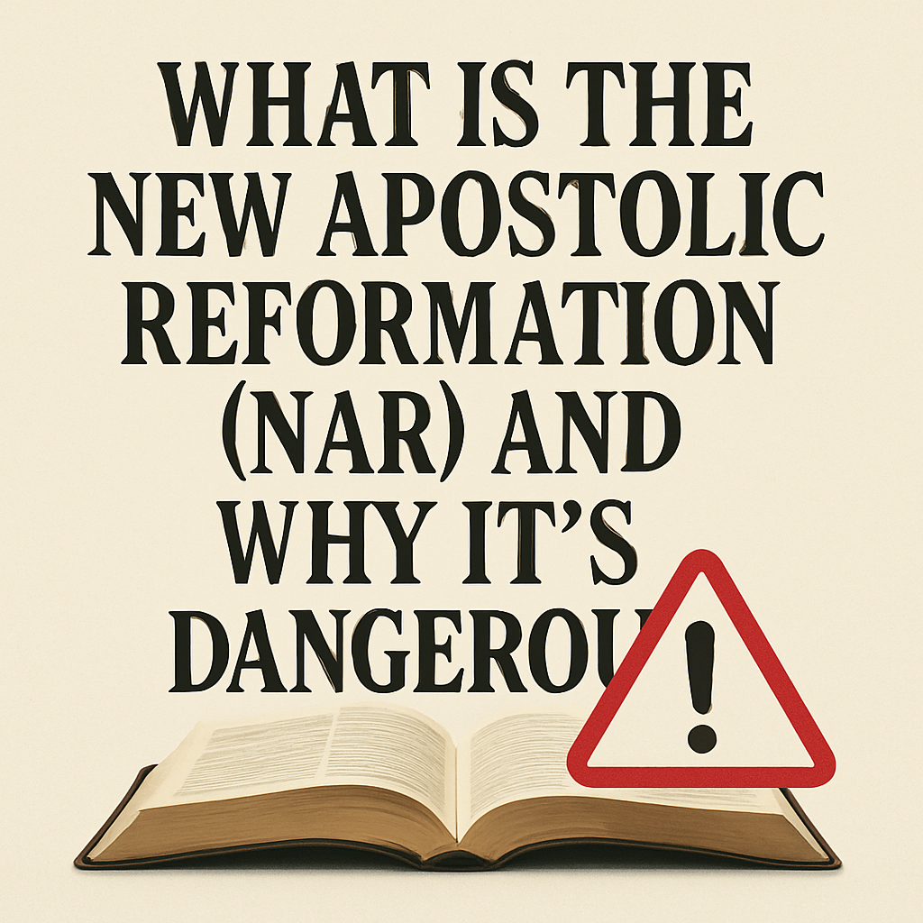 Graphic with the title 'What Is the New Apostolic Reformation (NAR) and Why It’s Dangerous' in bold black serif text on a cream background. Below the text is an open Bible with a brown cover, accompanied by a red triangular warning sign with an exclamation mark, symbolizing caution.