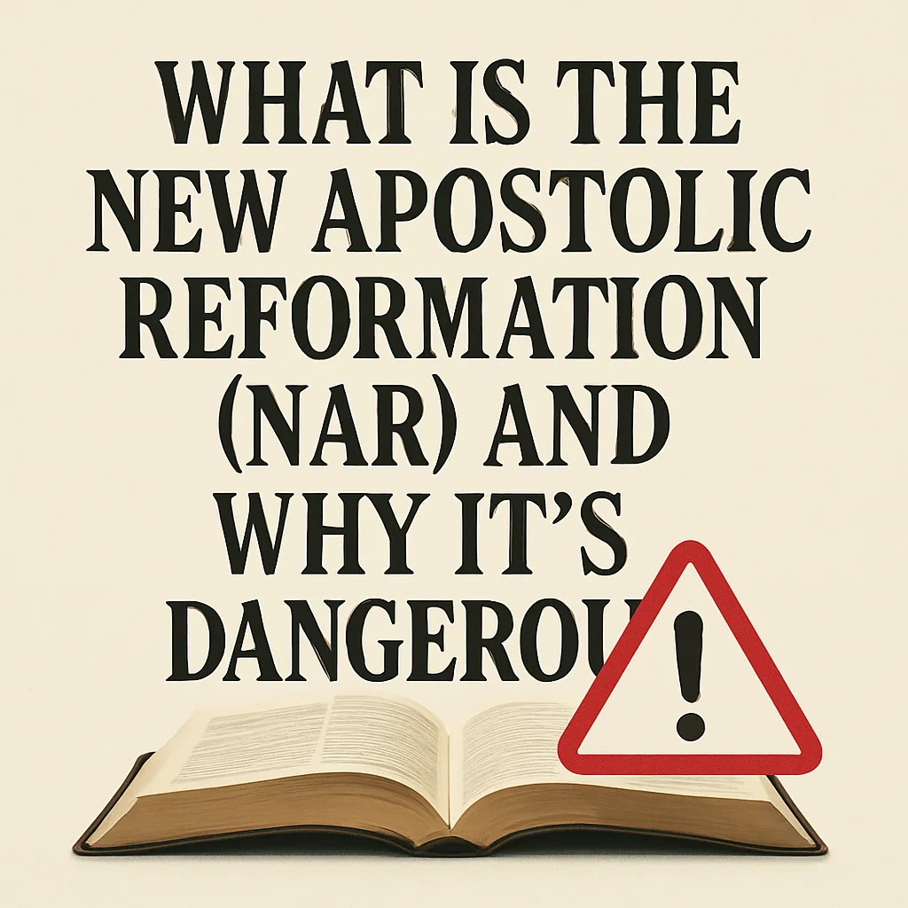 Graphic with the title 'What Is the New Apostolic Reformation (NAR) and Why It’s Dangerous' in bold black serif text on a cream background. Below the text is an open Bible with a brown cover, accompanied by a red triangular warning sign with an exclamation mark, symbolizing caution.
