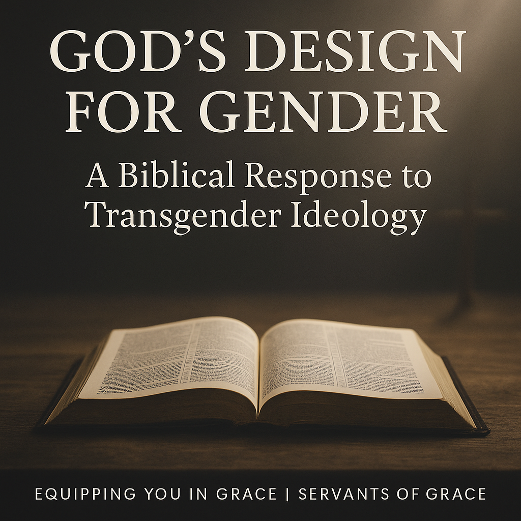 Open Bible resting on a wooden table with soft light shining from above and a blurred cross in the background. Text overlay reads: "God’s Design for Gender – A Biblical Response to Transgender Ideology." Footer reads: "Equipping You in Grace | Servants of Grace.
