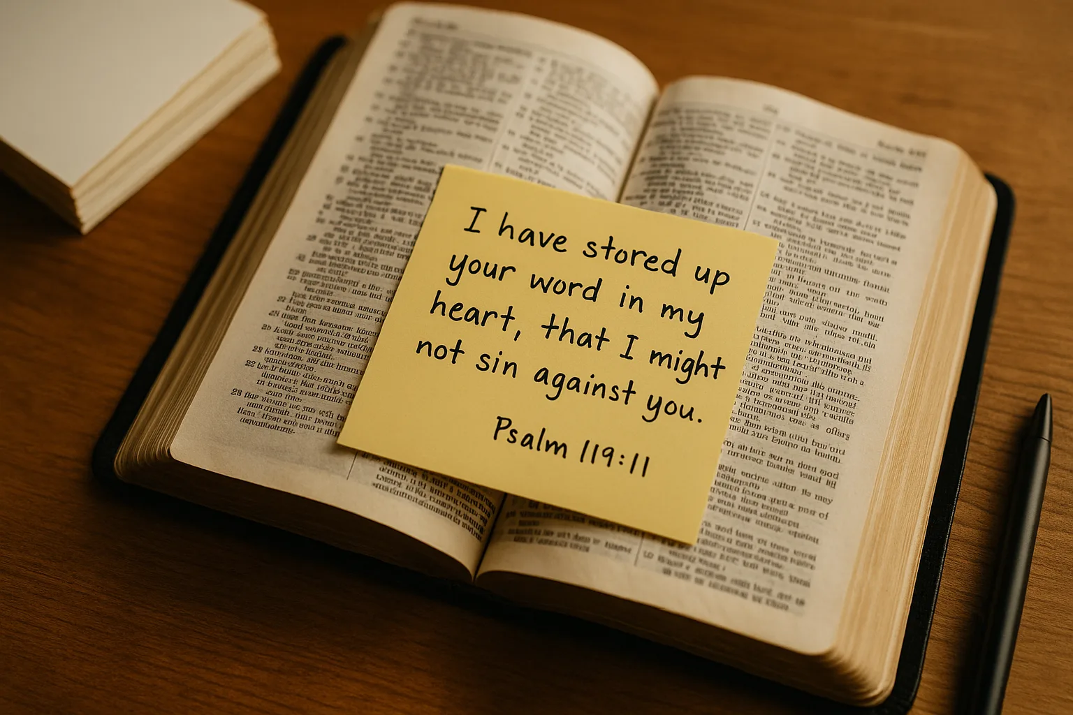An open Bible on a wooden table with a yellow sticky note on top displaying Psalm 119:11 handwritten in black ink. A pen and a stack of blank index cards sit nearby, symbolizing Scripture memorization.