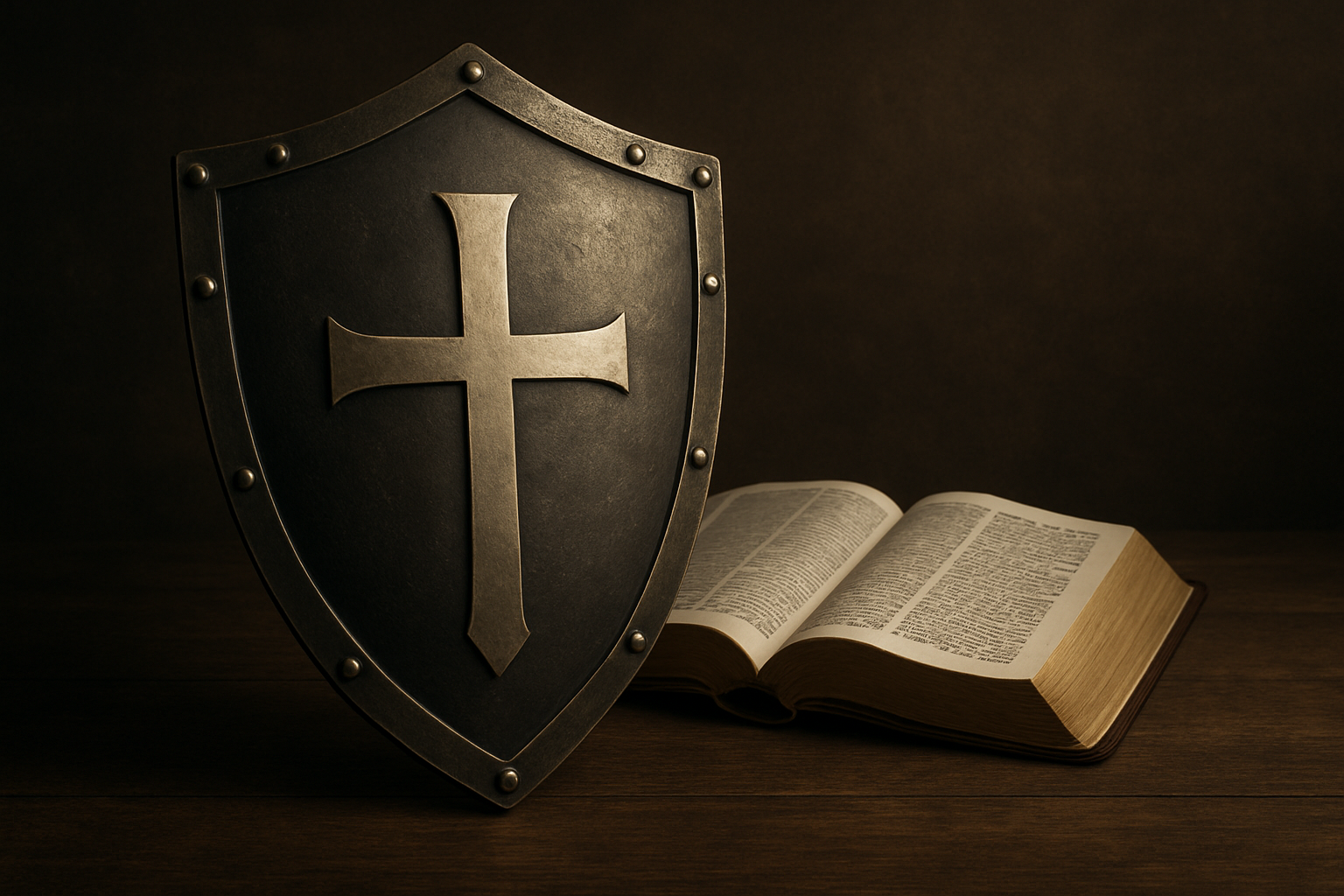 Medieval shield with a cross and an open Bible on a wooden table, symbolizing spiritual protection and the authority of God’s Word.