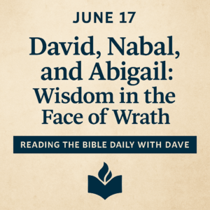 June 17 – David, Nabal, and Abigail: Wisdom in the Face of Wrath” title graphic for Reading the Bible Daily with Dave, featuring bold navy text on a parchment background with a small open Bible flame logo centered below the title.