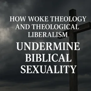 A wooden cross stands firmly against a backdrop of dark storm clouds, symbolizing cultural pressure. Bold white text reads: “How Woke Theology and Theological Liberalism Undermine Biblical Sexuality.