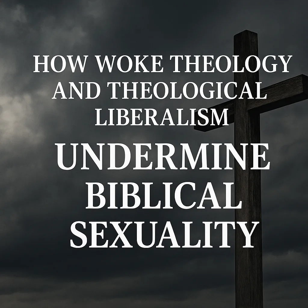 A wooden cross stands firmly against a backdrop of dark storm clouds, symbolizing cultural pressure. Bold white text reads: “How Woke Theology and Theological Liberalism Undermine Biblical Sexuality.