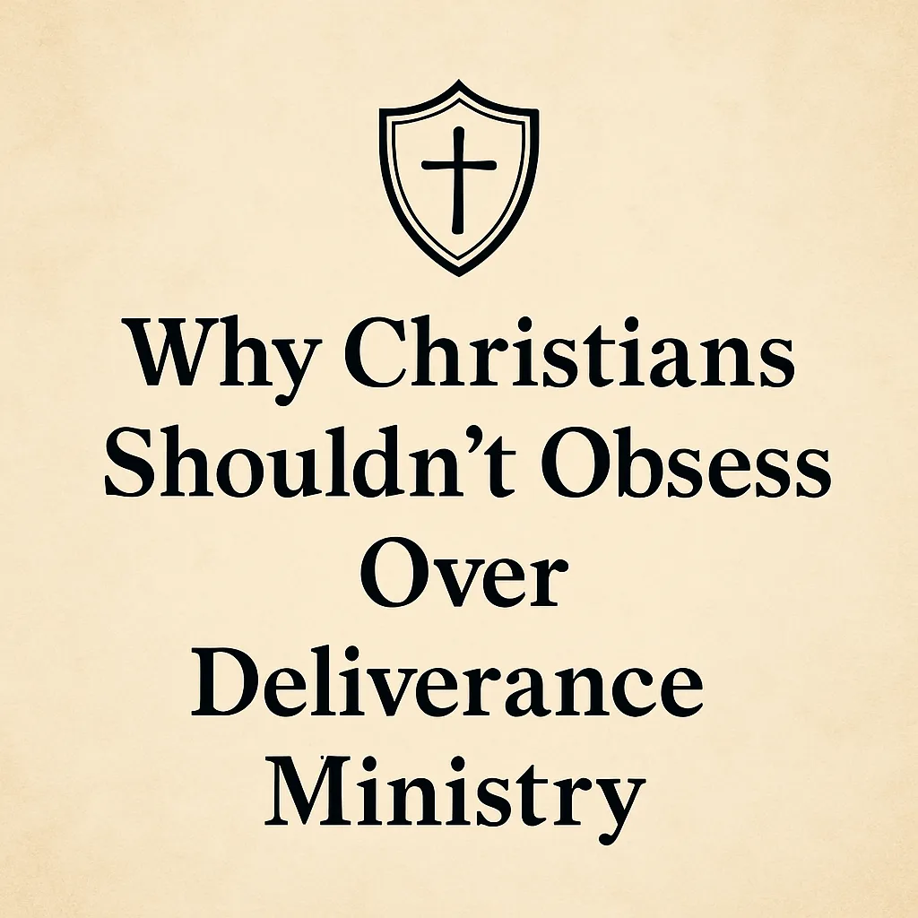 Text-based graphic with a shield and cross icon above the title “Why Christians Shouldn’t Obsess Over Deliverance Ministry” on a parchment-style background.