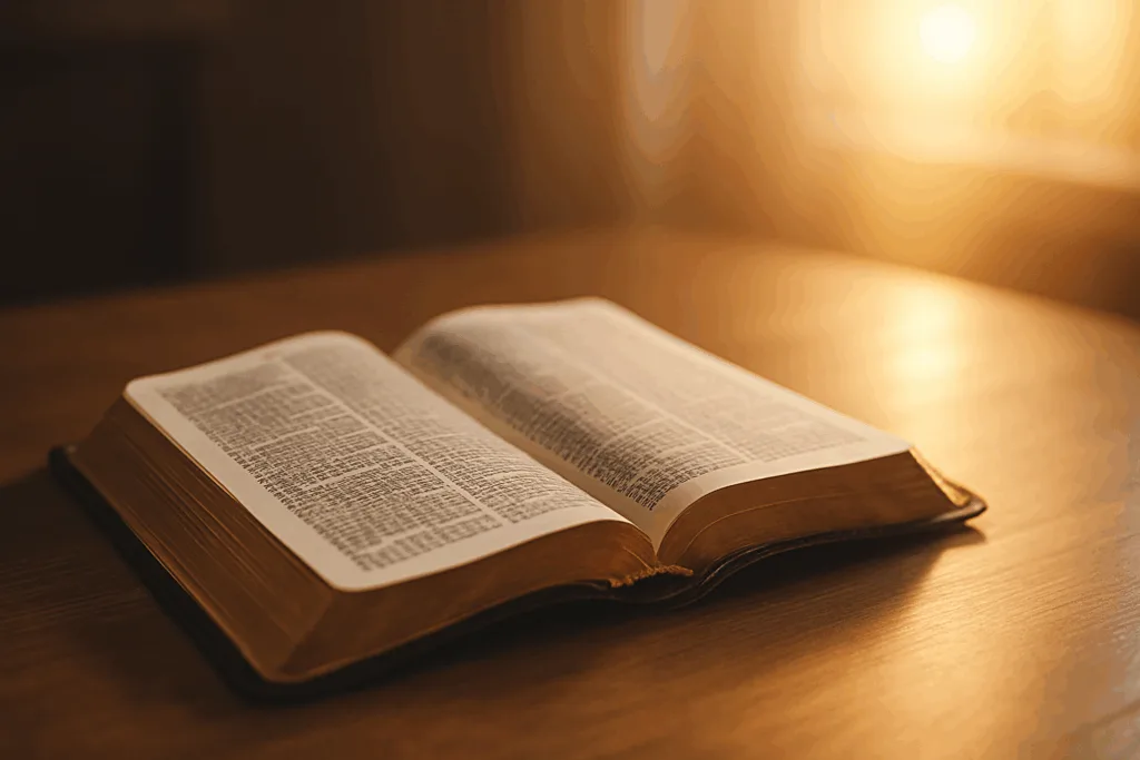 Open Bible on a wooden table with sunlight, representing mining Scripture for clarity, depth, and daily Christian living.