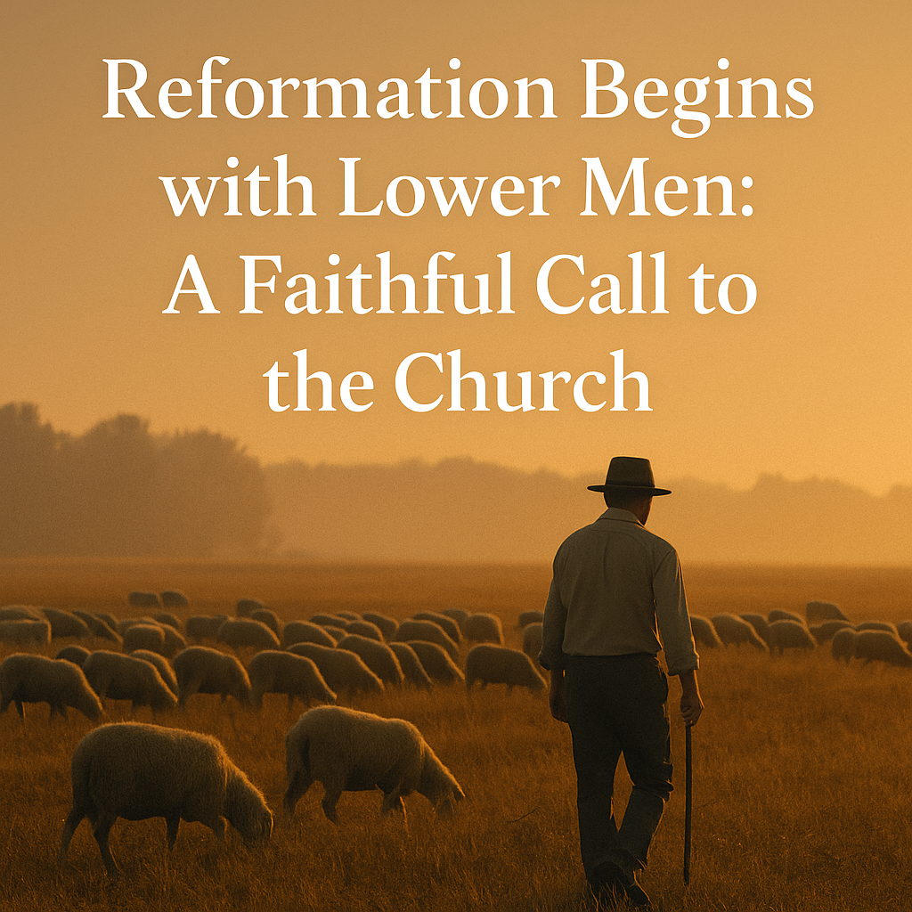 A shepherd walks through a golden field at sunset, guiding a flock of sheep under a quiet sky, with the title “Reformation Begins with Lower Men: A Faithful Call to the Church” overlaid in bold white serif text.