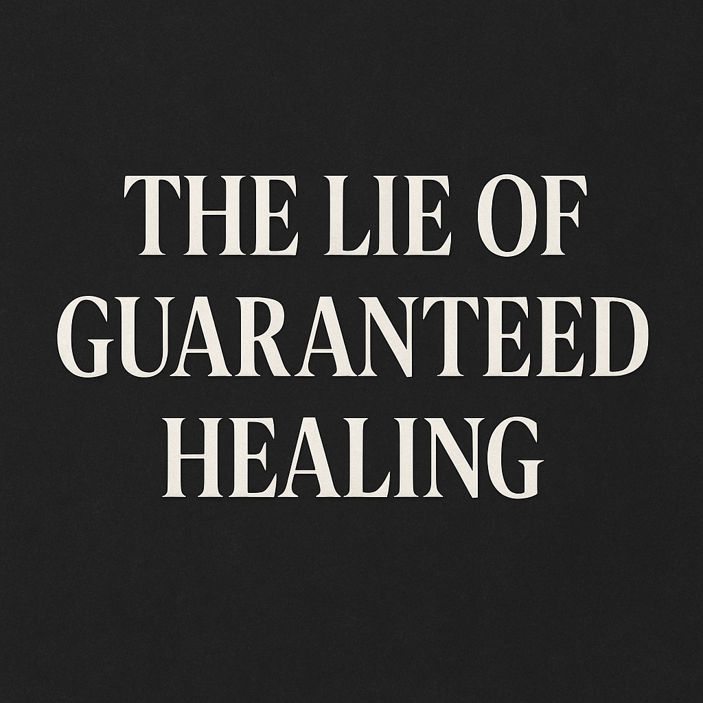 Text reading ‘The Lie of Guaranteed Healing’ in bold white serif font on a dark textured background, representing the article’s refutation of false healing promises