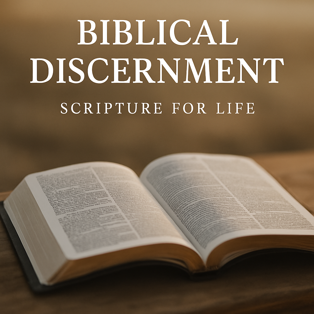An open Bible resting on a wooden table, illuminated by soft golden light, symbolizing biblical discernment through Scripture.
