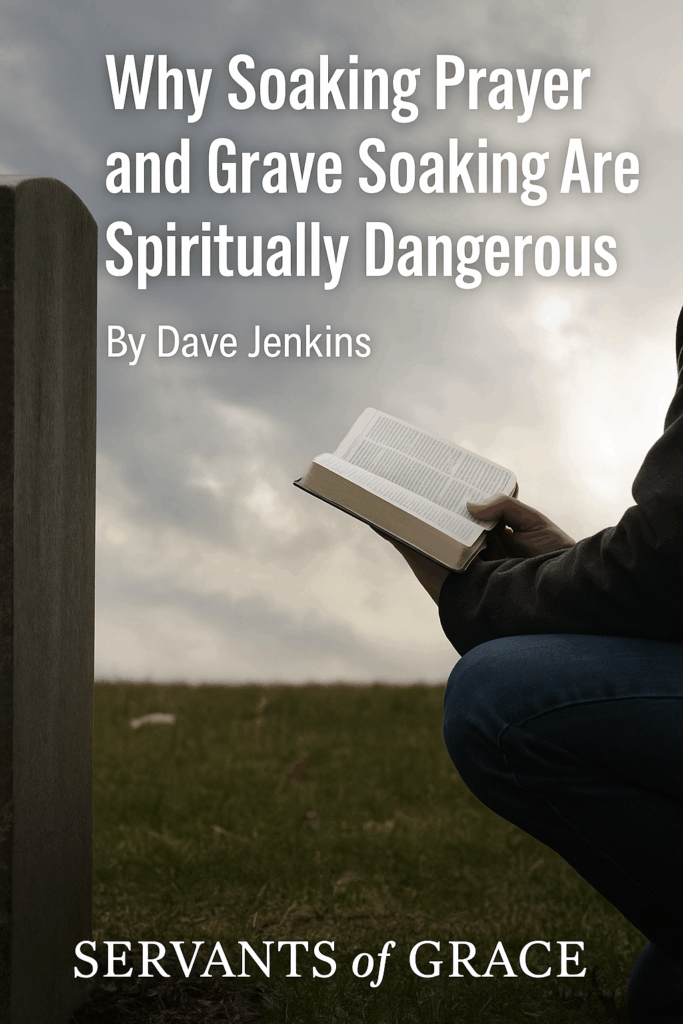 A person kneels beside a gravestone holding an open Bible, under a cloudy sky with sunlight breaking through—symbolizing the unbiblical nature of grave soaking.