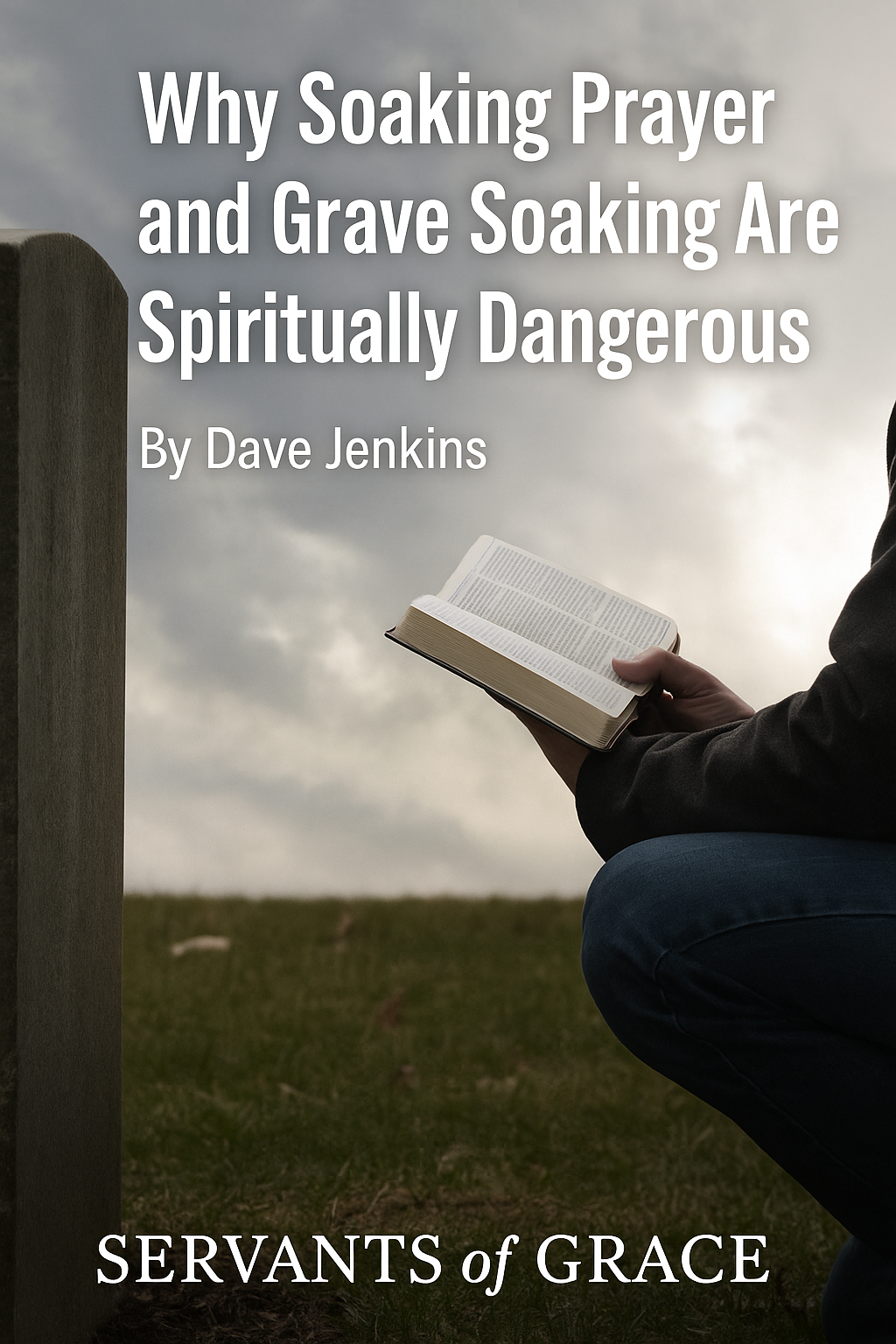 A person kneels beside a gravestone holding an open Bible, under a cloudy sky with sunlight breaking through—symbolizing the unbiblical nature of grave soaking.