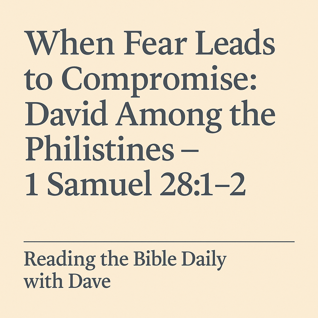 Bible devotional thumbnail for 'When Fear Leads to Compromise – 1 Samuel 28:1–2' from Reading the Bible Daily with Dave, featuring a warm background and Scripture reference.