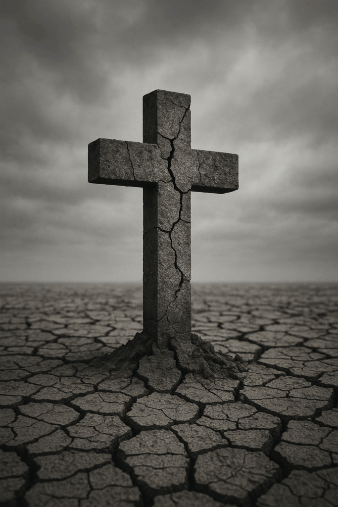A weathered stone cross stands in cracked, dry earth under a cloudy sky, symbolizing the breakdown of biblical truth through Christian deconstruction.
