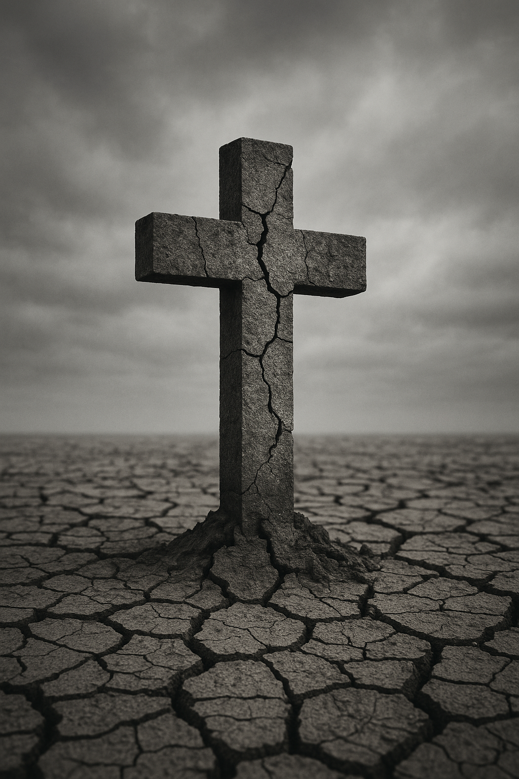 A weathered stone cross stands in cracked, dry earth under a cloudy sky, symbolizing the breakdown of biblical truth through Christian deconstruction.