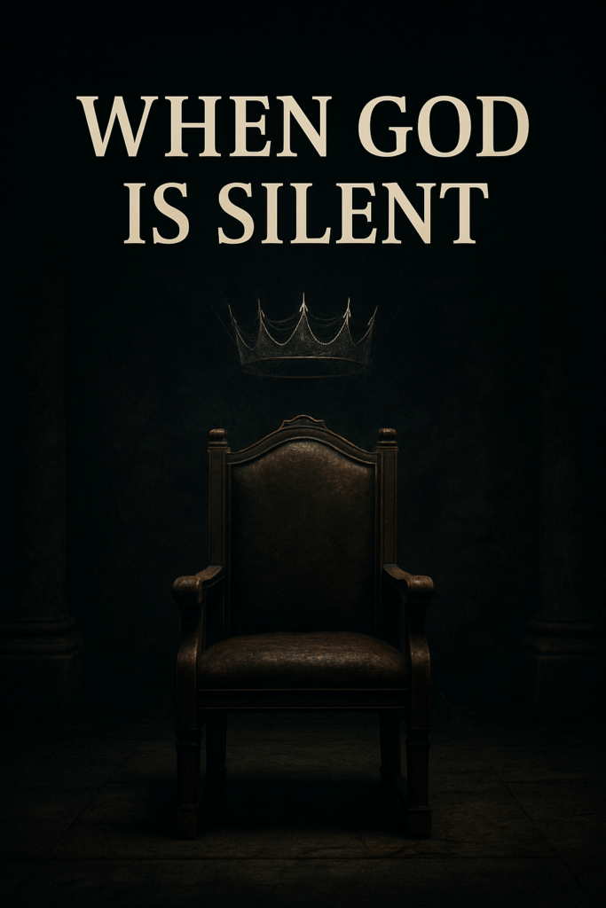 An abandoned stone throne sits in a dark, empty chamber lit by faint light. Above it floats a cobweb-covered crown. The words “When God Is Silent” appear in bold at the top, evoking themes of judgment, rejection, and spiritual abandonment from 1 Samuel 28.