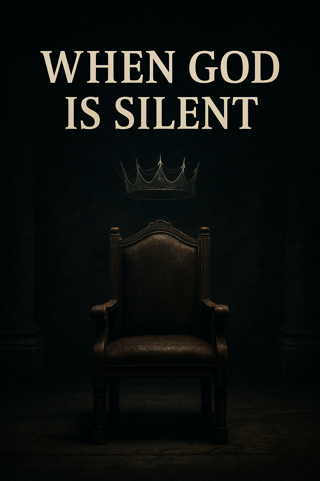 An abandoned stone throne sits in a dark, empty chamber lit by faint light. Above it floats a cobweb-covered crown. The words “When God Is Silent” appear in bold at the top, evoking themes of judgment, rejection, and spiritual abandonment from 1 Samuel 28.