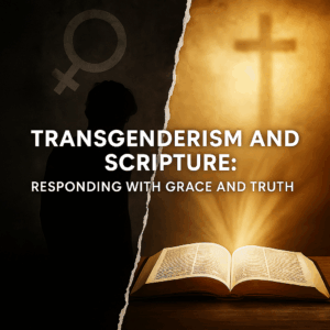 Split image showing transgender symbol and silhouette in shadow on the left, with an open Bible and cross in radiant light on the right, representing biblical truth overcoming cultural confusion.