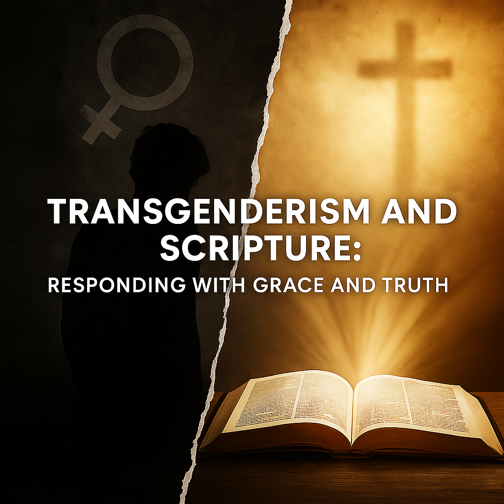 Split image showing transgender symbol and silhouette in shadow on the left, with an open Bible and cross in radiant light on the right, representing biblical truth overcoming cultural confusion.