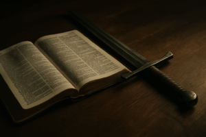 An open Bible lies on a wooden table with a medieval-style sword resting beside it, both illuminated by warm, dramatic lighting, symbolizing spiritual warfare and the authority of Scripture.