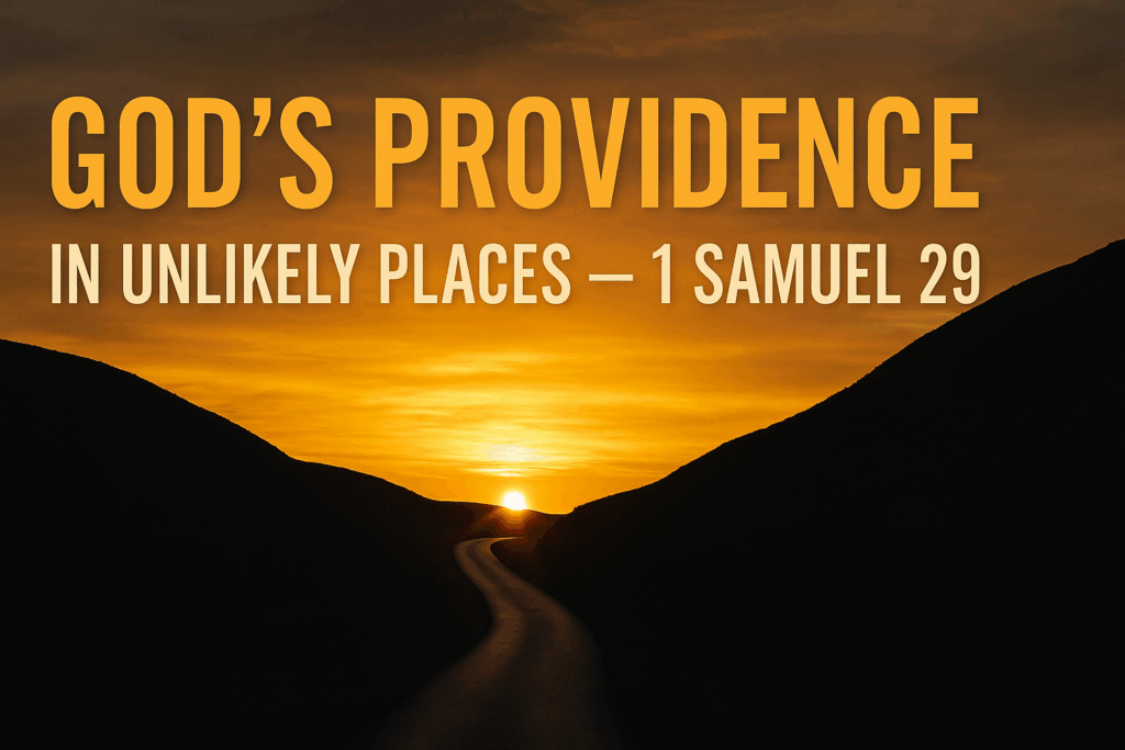 A winding road through dark hills leading to a golden sunrise, symbolizing God’s guidance and providence, with bold text that reads “God’s Providence in Unlikely Places – 1 Samuel 29.