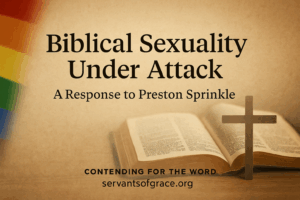 Bold headline reads ‘Biblical Sexuality Under Attack’ over a warm parchment background, featuring an open Bible, a wooden cross, and a subtle rainbow gradient—representing the tension between biblical truth and cultural compromise. Branding includes Contending for the Word and servantsofgrace.org.