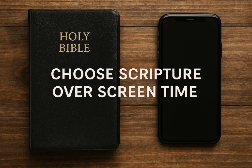 Holy Bible and smartphone side by side on a wooden table with the words “Choose Scripture Over Screen Time” between them – symbolizing the call to pursue purity through God’s Word.