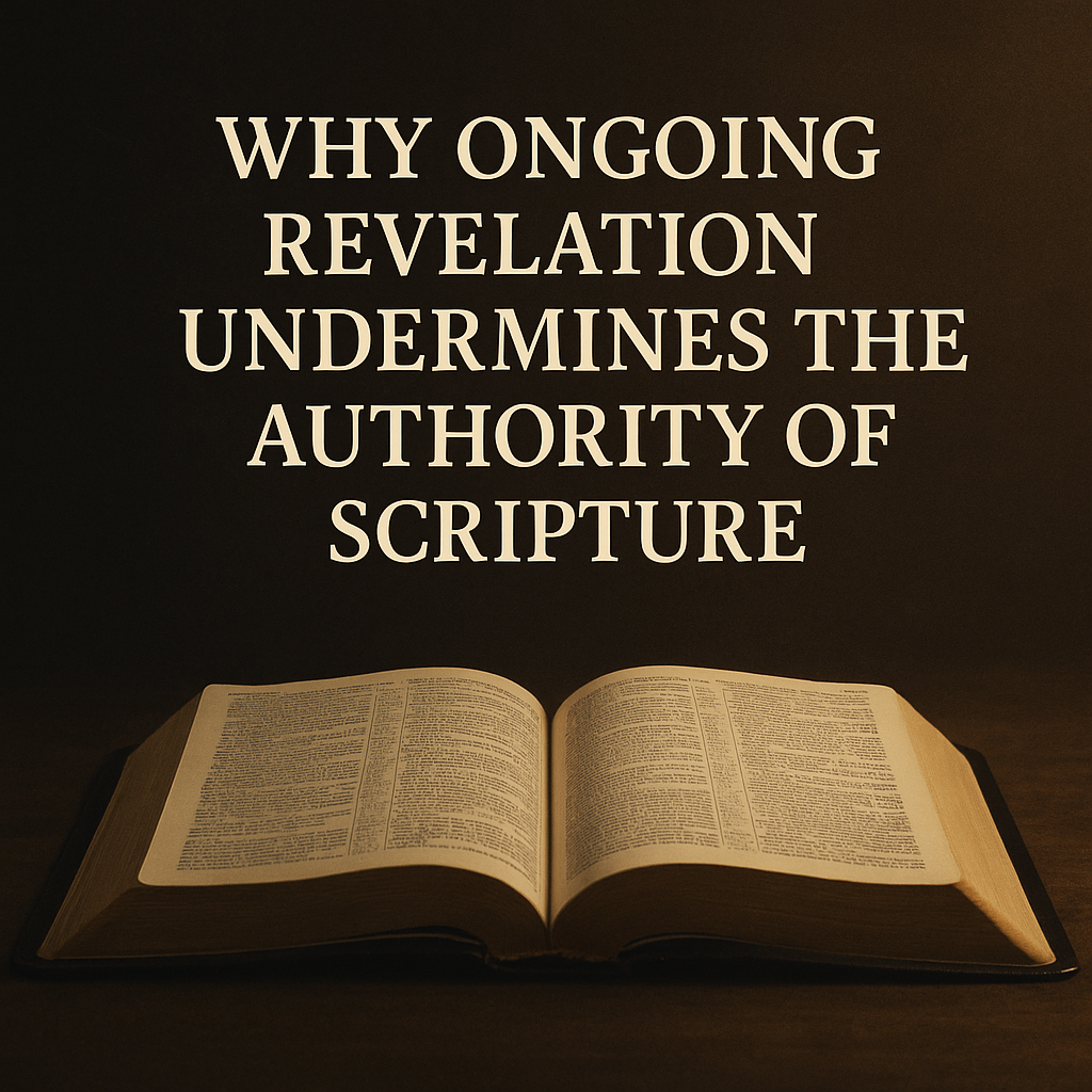 An open Bible resting on a dark surface with the title “Why Ongoing Revelation Undermines the Authority of Scripture” displayed above in bold serif font.