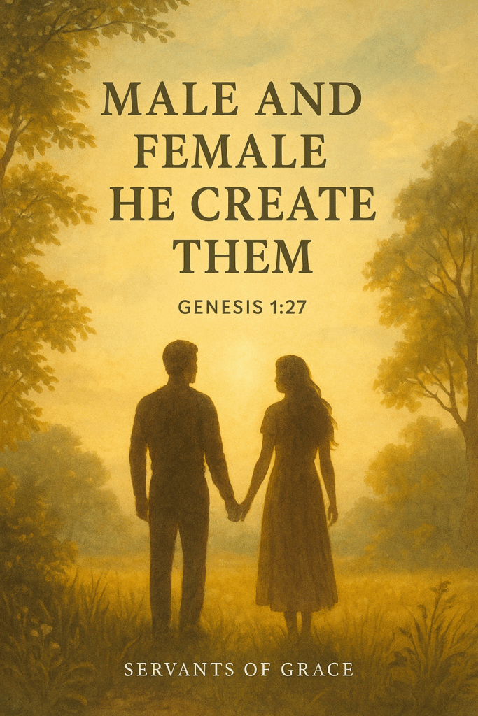 Biblical illustration of man and woman standing under light from heaven, symbolizing God’s design of male and female from Genesis 1:27.