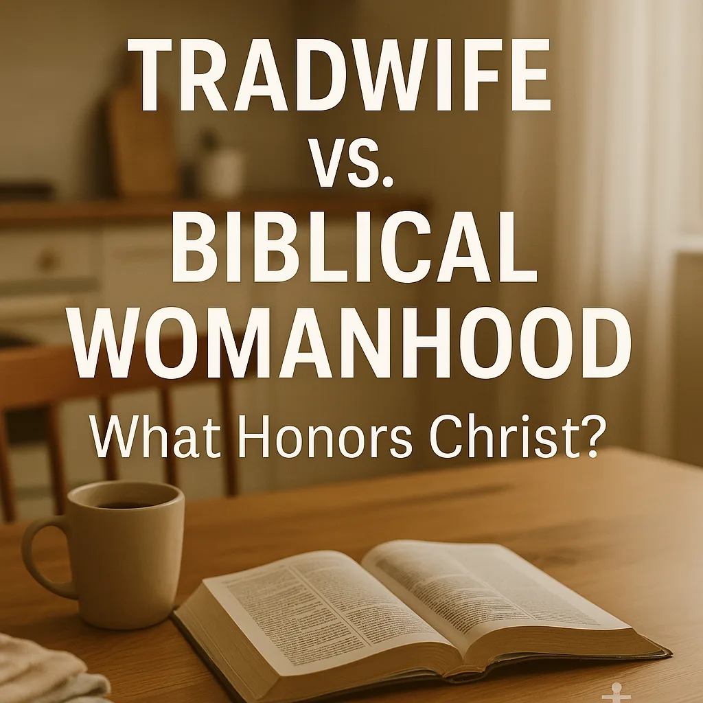 An open Bible rests on a wooden kitchen table beside a coffee mug in a warmly lit home. Bold text over the image reads: “Tradwife vs. Biblical Womanhood – What Honors Christ?” A soft, inviting atmosphere suggests peace, devotion, and homemaking.