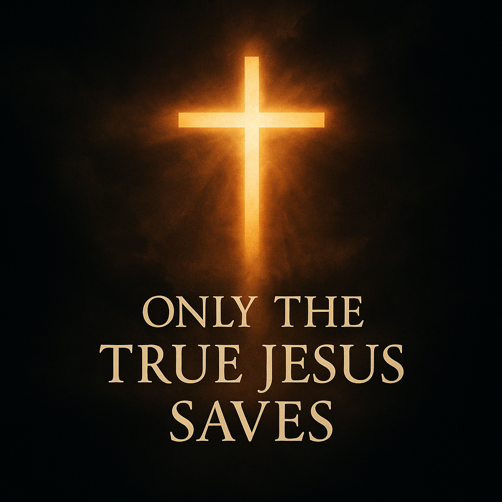 Radiant cross of light piercing through a dark cloudy sky, symbolizing the truth of the biblical Jesus overcoming false doctrine.