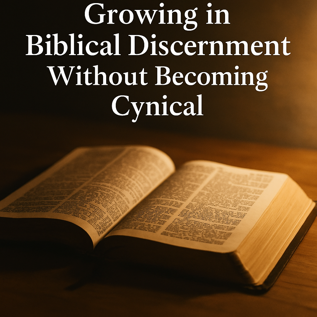 An open Bible resting on a wooden table, softly illuminated by warm light, with the text “Growing in Biblical Discernment Without Becoming Cynical” above it.