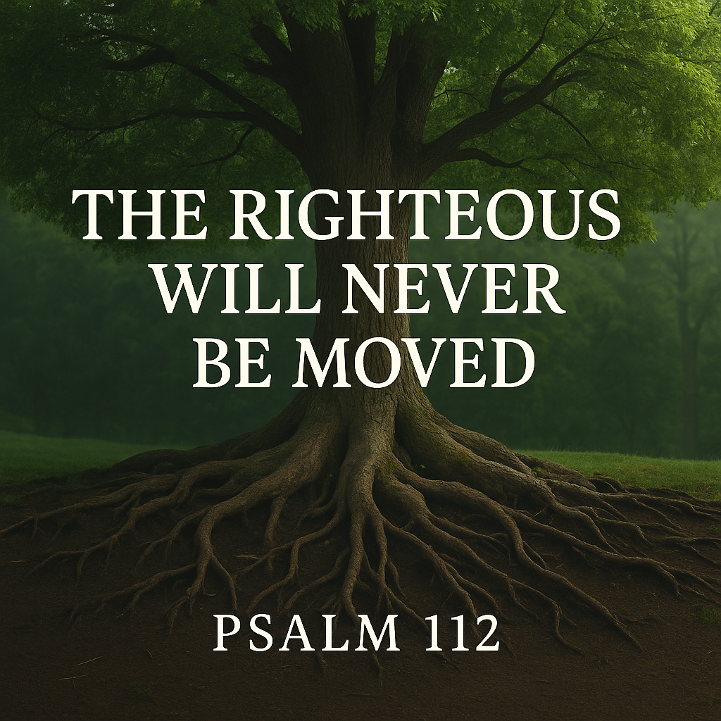 A large, deep-rooted tree stands firm in a peaceful forest, symbolizing stability and righteousness, with the words 'The Righteous Will Never Be Moved – Psalm 112' overlayed in bold white text.